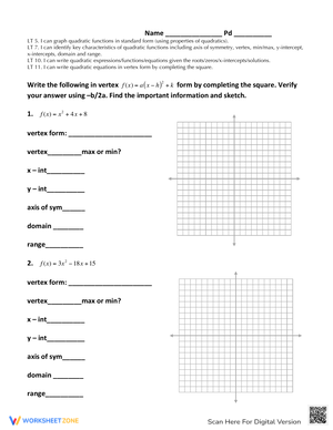 Quadratic Functions Practice Worksheet