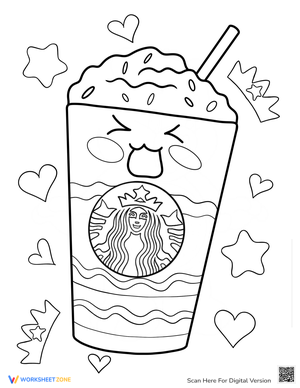 Starbucks Frappe Coloring Page with Hearts and Stars