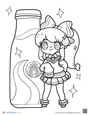 Kawaii Anime Girl with Starbucks Coloring Page