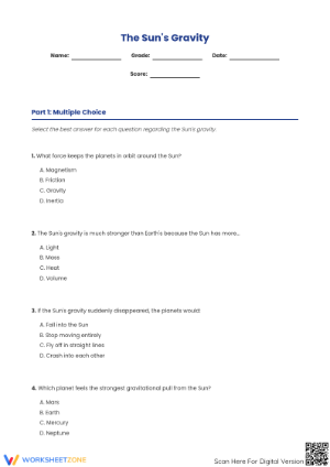 The Sun's Gravity Worksheet for Science Students