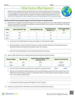 Factors Affecting Gravity Worksheet for Science