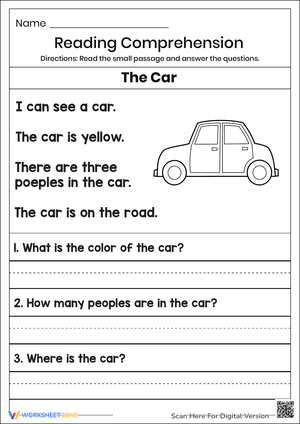 Car Reading Comprehension Worksheet for Kids