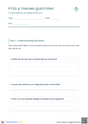 PTSD Trauma Questions Worksheet for Mental Health