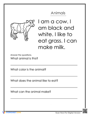 'I Am A Cow' Reading Comprehension Worksheet