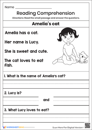 Cat Reading Comprehension Worksheet for Kids