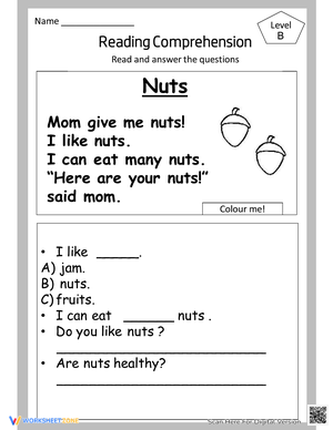 Nuts Reading Comprehension Worksheet for Kids
