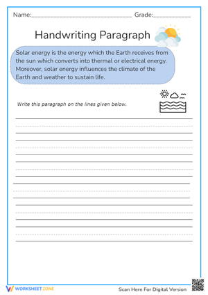 Solar Energy Handwriting Practice - Grades 2-4 Printable