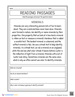 Minerals Reading Comprehension Worksheet