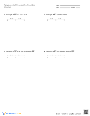 Applying Segment Addition Postulate with Variables Worksheet