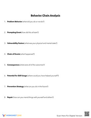 Behavior Chain Analysis Worksheet for Behavior Patterns