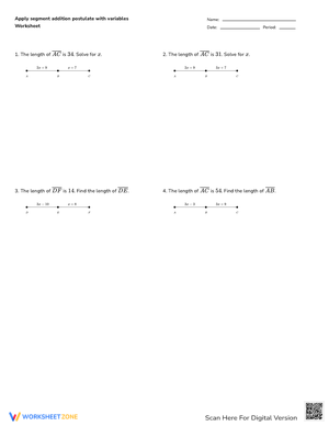 Segment Addition Postulate with Variables Worksheet
