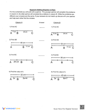 Segment Addition Practice in Pairs Worksheet