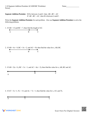 Segment Addition Postulate Academic Worksheet