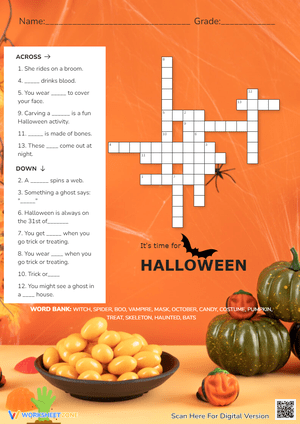 Halloween Crossword Puzzle - Vocabulary Fun with Word Bank