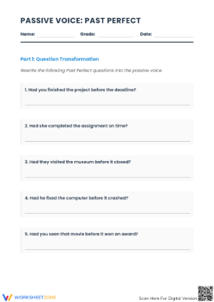 Passive Voice Questions Worksheet | Grade 6 ELA Printable