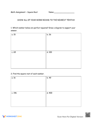 Square Root Assignment Worksheet