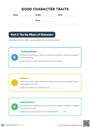 Grade 1-3 Character Traits — Printable No-Prep Worksheet