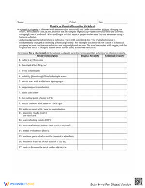 Physical vs Chemical Properties Worksheet