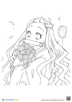 Cute Nezuko Holding Flowers Coloring Page