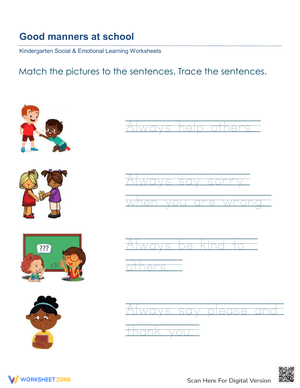 Good Manners Tracing and Matching Worksheet