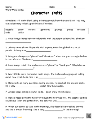 Describing Character Traits Worksheet