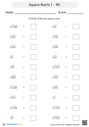 Square Roots: Practice from 1 to 40