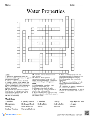Water Properties Crossword: Science Fun