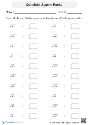 Square Roots Calculator Worksheet