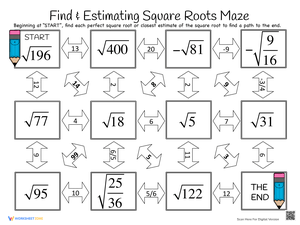 Estimating Square Roots Maze Worksheet