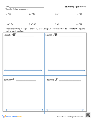 Estimating Square Roots Worksheet