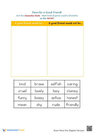 Describe a Good Friend Worksheet