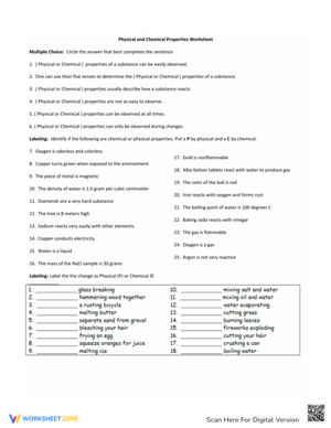 Physical and Chemical Properties Worksheet