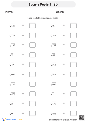 Square Roots Practice: 1 to 30