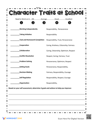 Character Traits at School Worksheet