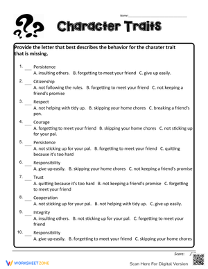 Character Traits Definition Quiz