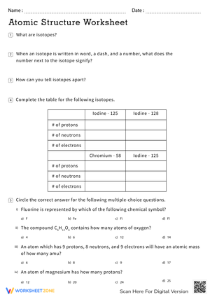Atomic Structure Worksheet with Key