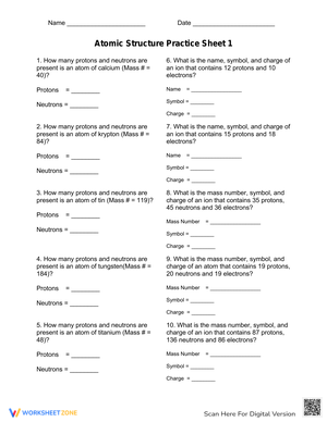 Atomic Structure Practice Sheet 1