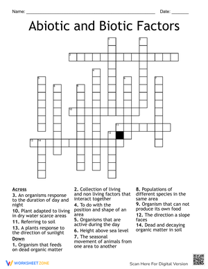 Abiotic and Biotic Factors Crossword Worksheet