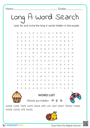 Word Search for Long A Sounds