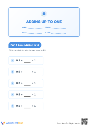 Printable Adding Up to One Worksheet | Grade 1-2 Math