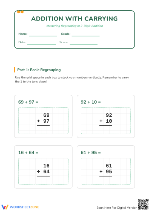 Printable 2-Digit Addition with Regrouping Worksheet