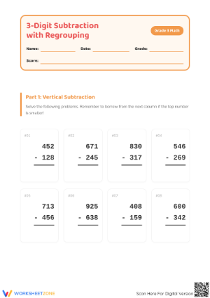 3.NBT.A.2 Worksheet: 3-Digit Subtraction — Grade 3 Aligned