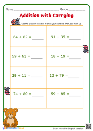 Addition with Carrying Worksheet - 2nd & 3rd Grade Math Practice