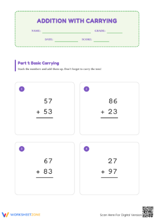 Printable 2-Digit Addition with Carrying Worksheet | Grade 2