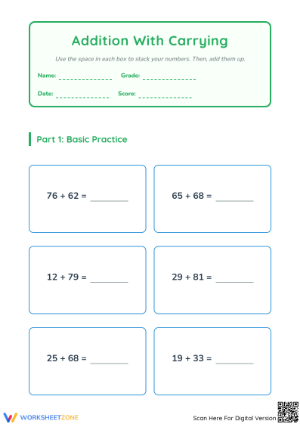 Grade 2 Addition with Carrying Printable Essential Practice