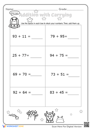 Alien Addition with Carrying - 2nd/3rd Grade Math Worksheet