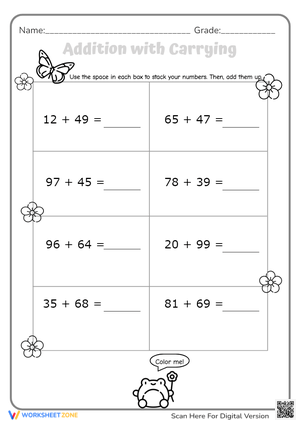 Color Me Addition Worksheet with Carrying