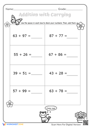 Color Me! Addition with Carrying - 2-Digit Math Worksheet