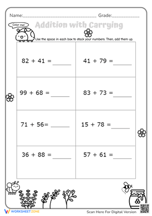 2-Digit Addition with Carrying - Spring Math Worksheet