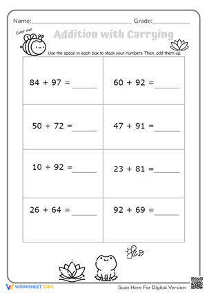 Color by Number: Addition with Carrying Worksheet